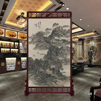 定制皮革座屏 中式书房酒店屏风 玄关办公室摄影客厅隔断双面屏风 黄宾虹 富春江图 120cm宽X180高 左右镂空
