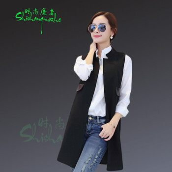 时尚魔者韩版2015秋装新品立领简约帅气女装小西装马甲M 黑色口袋亮皮 L