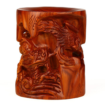 红木雕刻工艺品 实木质龙凤呈祥笔筒 花梨木原木文房书法用品摆件