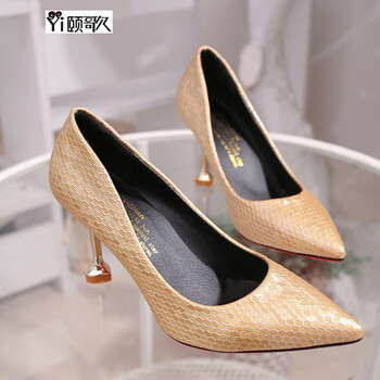 颐歌金色高跟鞋女夜店性感公主八公分细跟8厘米尖头浅口单鞋少女宴会