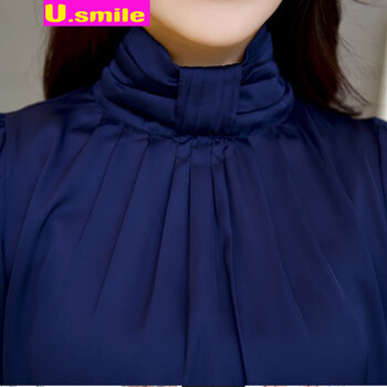 usmile 韩版立领长袖真丝衬衫女 2015秋季新款中长款打底衫 白色 M