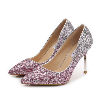 水晶鞋婚鞋女渐变亮片高跟鞋女伴娘鞋细跟中跟银色尖头单鞋 紫银色7cm