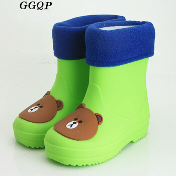 ggqp加棉雨鞋卡通保暖宝宝雨靴防滑果冻色 加棉熊熊绿色 17cm