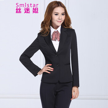 丝迷妲2016春秋新款职业装女装套装裤西装长袖OL修身西服女士正装面试工作服 黑西装+黑裤+衬衫 M