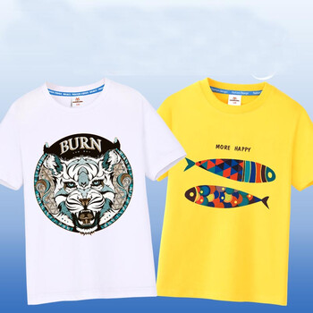 中大童纯棉夏装上衣2018新款童装男孩打底衫儿童体恤 虎头 快乐鱼/白