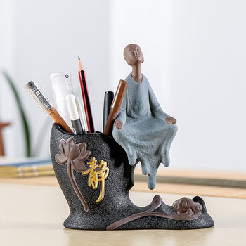 陶瓷创意家居装饰品摆件禅意小和尚笔筒客厅办公室人物现代简约 静禅