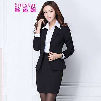丝迷妲2016春秋新款职业装女装套装裤西装长袖OL修身西服女士正装面试工作服 黑西装+黑裤+衬衫 M