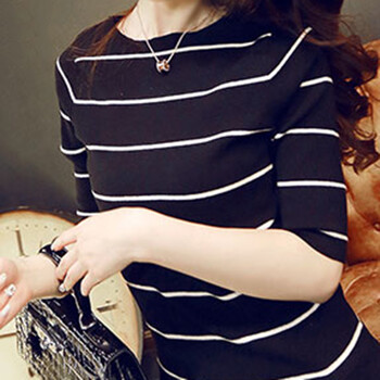 姮妃2015秋冬新品韩版修身显瘦黑白条纹针织中袖短款T恤女XJ112 黑色 L