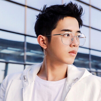 薛之谦同款男士大框平光镜飞行员式金属眼镜框圆脸个性耳环女 星辰银