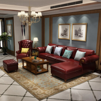 真皮沙发组合客厅整装转角大小户型复古地中海油蜡皮艺沙发 酒红色 中
