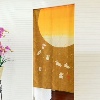 
                                        风雅荷塘  玉兔奔月85*150CM 金丝银丝印花风水布艺门帘 隔断帘 送杆 深卡其色                