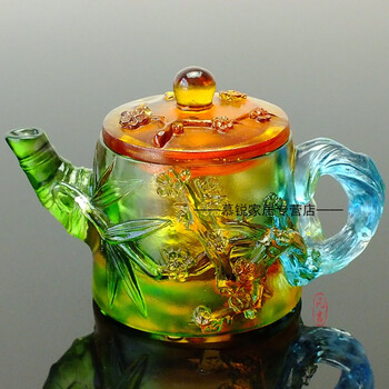 琉璃装饰茶壶小摆件家里摆设的小饰品客厅酒柜竹子工艺品喜上梅梢