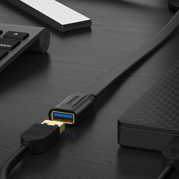 山泽USB延长线1米 usb3.0高速传输数据连接线 公对母 AM/AF U盘鼠标键盘加长线 扁平黑色AP-310