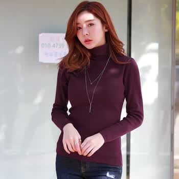 秋冬季韩版大码女装针织t恤长袖修身上衣加绒加厚保暖高领打底衫 紫红