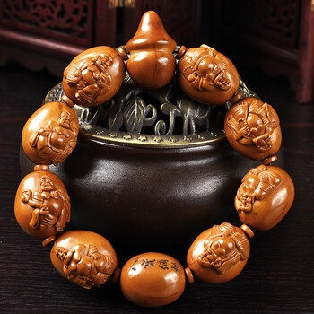 【2年包浆】橄榄核雕手串 浮雕八宝弥勒 木易刻