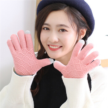 女士手套秋冬季触摸屏针织毛线手套保暖可爱全指手套女生 粉色 均码