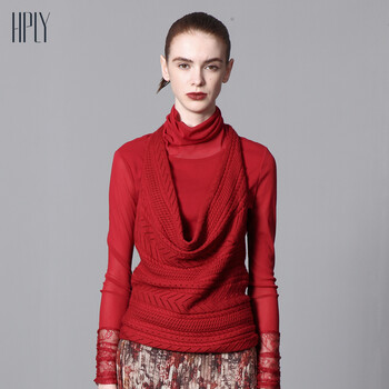 HPLY(荷比俪)新款女装蕾丝拼接弹力网纱高领百搭打底衫 17橙色 36(160/80A)