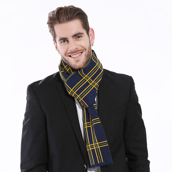 秋冬季商务男士年轻羊绒围巾英伦条纹时尚加厚围脖礼盒装 靓蓝色 羊毛