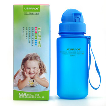 
                                        UZSPACE优之儿童吸管水杯塑料水壶户外防漏便携带提绳杯子宝宝幼儿喝水杯 宝蓝 400ML                
