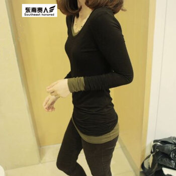 东南贵人 2015秋季新款T恤 莫代尔弹性圆领长袖打底衫女 黑色