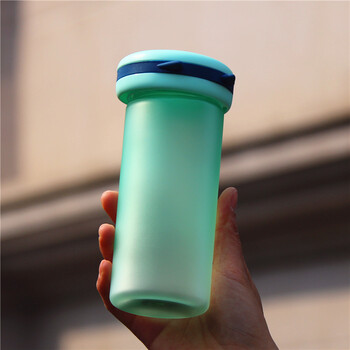 创意可爱简约塑料杯便携随手杯磨砂带盖男女学生夏季运动水杯 青色