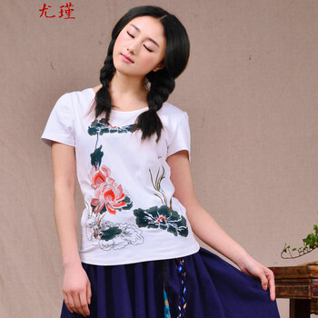 
                                        尤瑾 2015新款民族风女装夏 棉麻圆领绣花修身打底衫休闲短袖T恤 白色 XL                