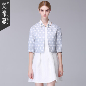 梵希蔓2015秋季新款圆领星星图案中袖直筒短外套女百搭甜美小外套  65826 灰底白色 XL