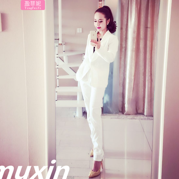 盈菲妮2015秋装新款欧美女装修身显瘦纯色长袖西装外套+打底吊带+休闲拉链长裤淑女三件套装 红色西装套装+黑色吊带 S 胸围84cm