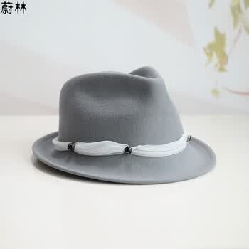 蔚林灰色毛呢帽子女秋冬英伦羊毛小礼帽欧美百搭卷边休闲爵士帽毛毡帽