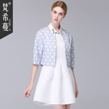 梵希蔓2015秋季新款圆领星星图案中袖直筒短外套女百搭甜美小外套  65826 灰底白色 XL