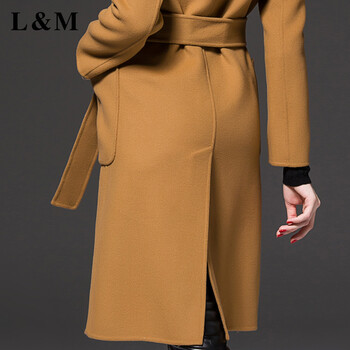 L&M欧洲站冬季新款简约时尚气质中长款羊毛呢大衣风衣外套女冬厚款含腰带F3009 驼色 M