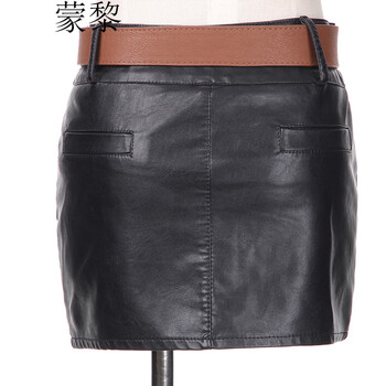 蒙黎2015秋冬新款韩版秋款女装短款皮裙裤 女半身裙子包臀裙配皮带 黑色 L