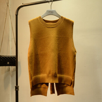 韩版秋装无袖套头针织背心马甲百搭宽松后开叉系带毛衣外套 姜黄色