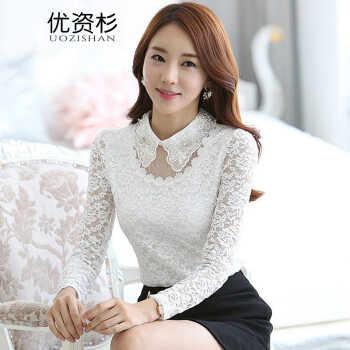 优资杉2015秋装新款女装加绒加厚蕾丝衫女长袖雪纺打底衫 白色 M(90-100斤参考)