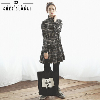 shezglobal韩国SZ秋季新品女装长袖立领打底裙外套波普图案印花打底连衣裙 黑色 M