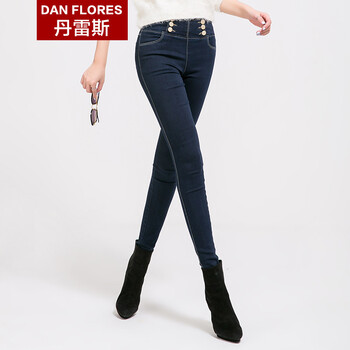 丹雷斯 牛仔裤子女高腰弹力小脚牛仔女裤长裤修身显瘦韩版铅笔裤秋季新款牛仔裤子女 高腰蓝色 28码/L