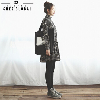 shezglobal韩国SZ秋季新品女装长袖立领打底裙外套波普图案印花打底连衣裙 黑色 M