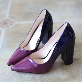 尖头百搭夜店时尚性感高跟鞋女粗跟拼色秋季单鞋新品漆皮女鞋韩版 黑