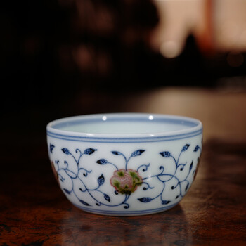 龙圣华苑 景德镇一峰窑永宣堂手绘青花釉里红缠枝莲小缸杯/品茗杯茶