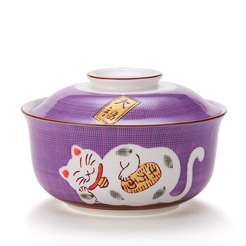 lichen 陶瓷碗 招财猫盖碗 大号泡面碗 微波炉适用 浅紫色