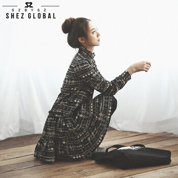 shezglobal韩国SZ秋季新品女装长袖立领打底裙外套波普图案印花打底连衣裙 黑色 M