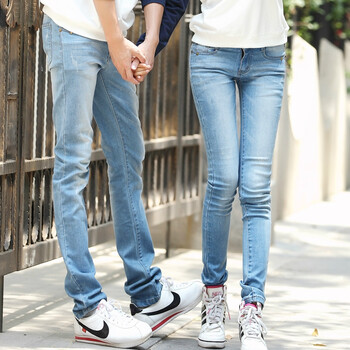 情侣装春装韩版修身显瘦牛仔裤小脚铅笔裤男女紧身裤子长裤熏恋 浅