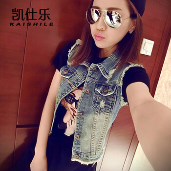 佰琦绣2015新款欧美风做旧牛仔马夹毛边短款牛仔马甲 女 蓝色 XL