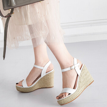 春夏新款韩版时尚京东坡跟凉鞋牛皮真皮白色纯色一字扣凉鞋女 白色 39