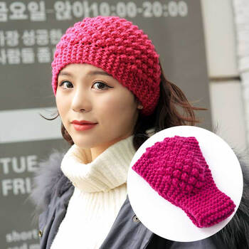 韩国头饰洗脸发箍手工针织保暖防风护耳毛线帽宽边头套 菠萝花玫红色