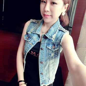 佰琦绣2015新款欧美风做旧牛仔马夹毛边短款牛仔马甲 女 蓝色 XL