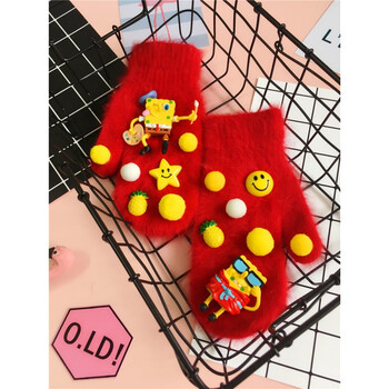 珮缨 卡通海绵宝宝五角星毛球兔毛连指手套保暖女手套新zh 海绵宝宝红