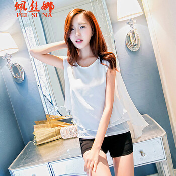 佩丝娜.2015新款夏季修身短袖雪纺衫上衣无袖打底蝙蝠衫大码女装 粉红色 S