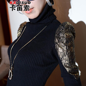 卡笛索秋冬蕾丝泡泡袖短款高领打底衫针织衫韩版套头长袖女款毛衣 黑色高领 均码