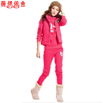 薇伊依舍2015秋冬款男女情侣装三件套加绒加厚加绒卫衣休闲运动服套装6895 西瓜红 M